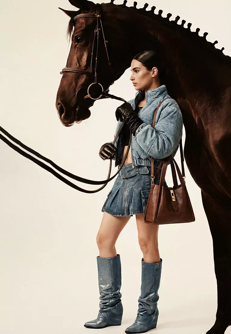 藍色迷你褶襉工裝裙