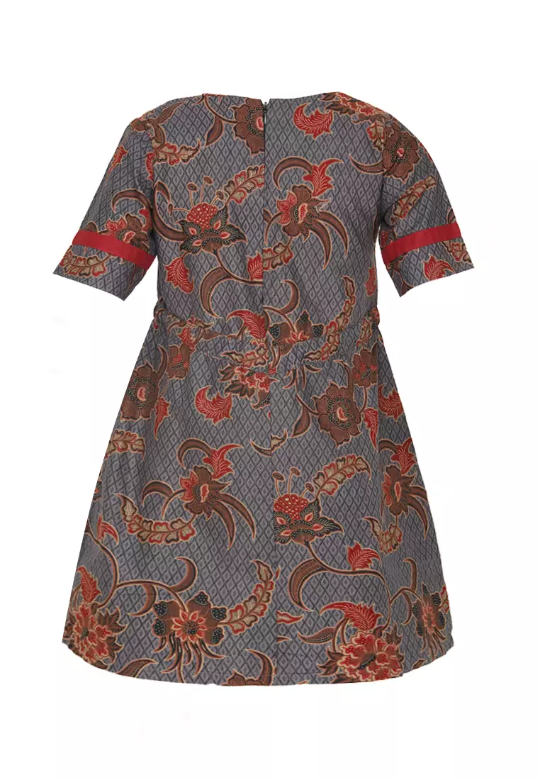 Dress Anak Perempuan Batik Wedha Pita Lengan Pendek Grey