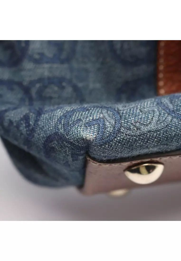 Pre-Loved Gucci Abby Interlocking G Handbag tote bag denim leather Navy Brown