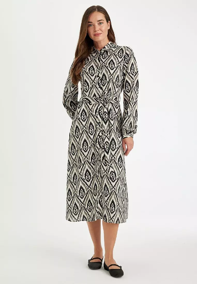Printed Waist-Tie Midi Dress
