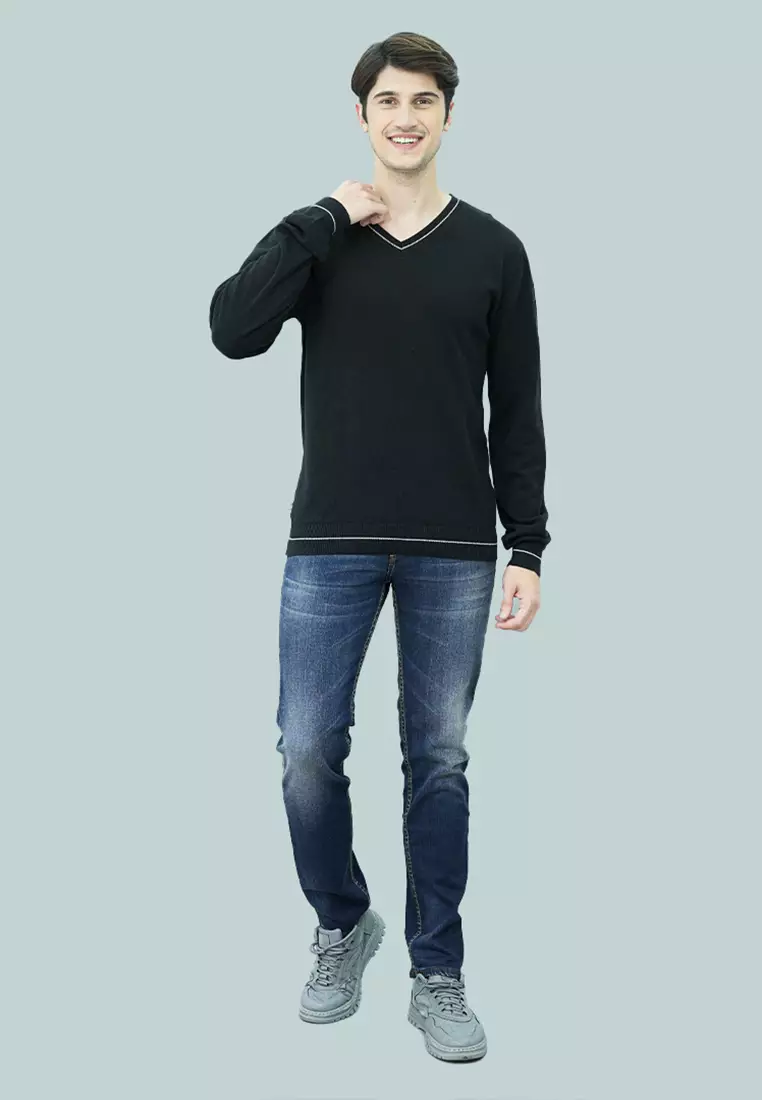 Johnwin - Sweater Pria - Motif Polos - Hitam  - ASW.660.D034.33.C-L/S - Free Keychain