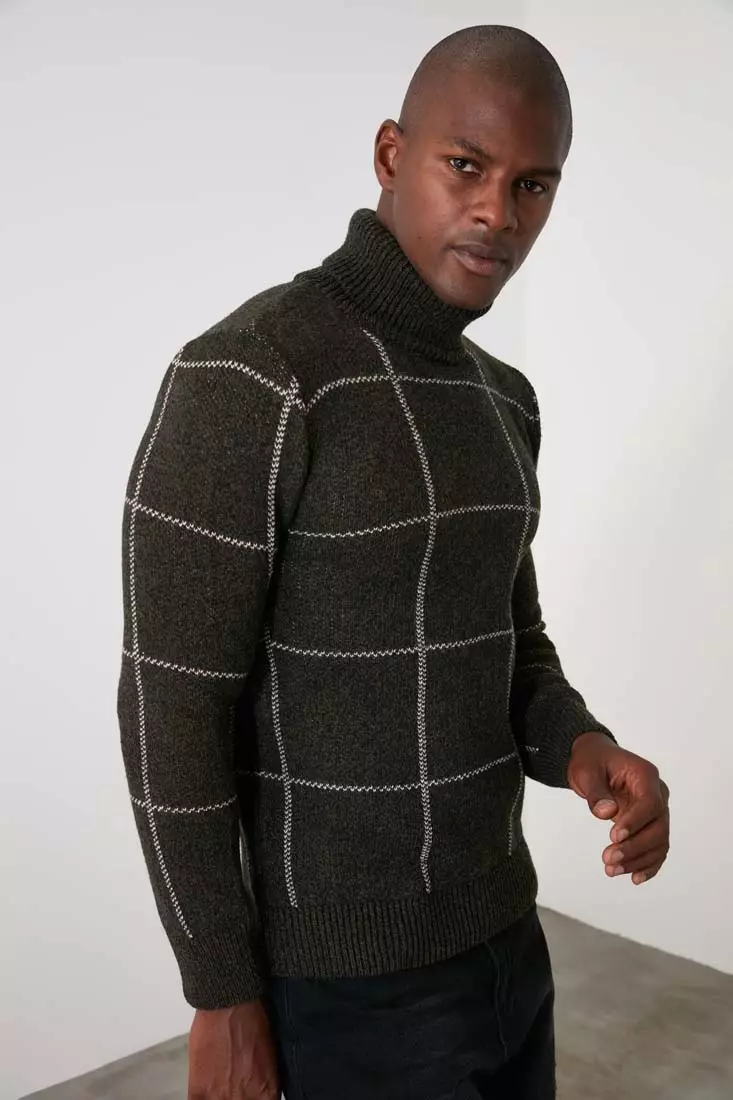 Khaki Men's Turtleneck Slim Fit Sweater