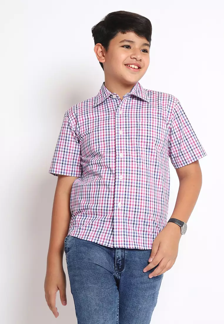 Kemeja Anak Laki Lengan Pendek Kotak White Purple - BRIGHT