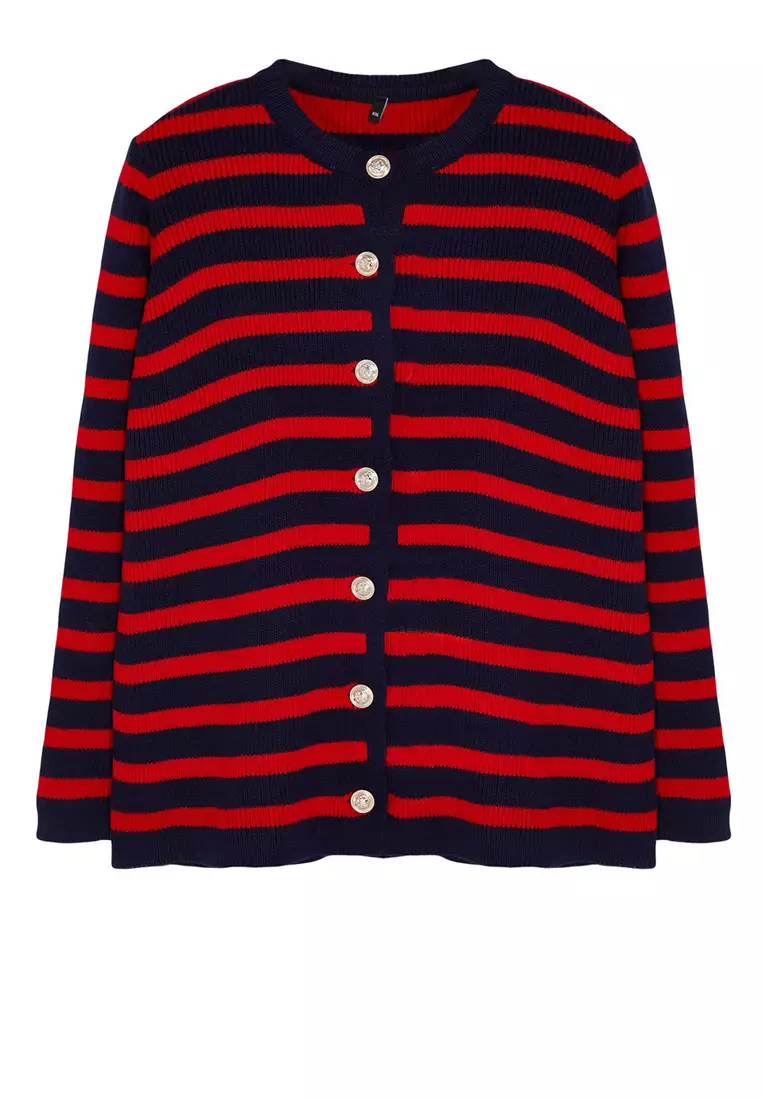 Navy Blue-Red Striped Jacket-Look Knitwear Cardigan Tbbaw24Av00011