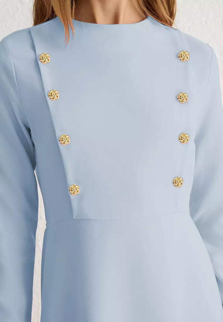 Light Blue Floral Buttoned Woven Dress TCTSS25EB00032