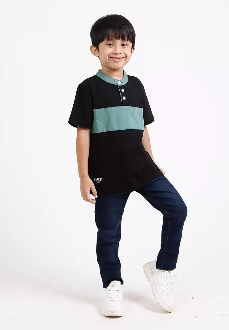 Forest Kids Premium Weight Cotton Stretchable Mandarin Collar T Shirt Men | T Shirt Baju Budak Lelaki - FK20170-01Black