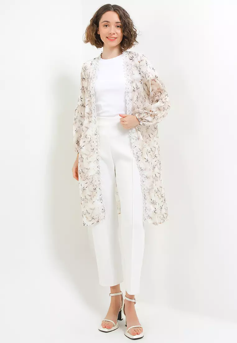 Lantern Sleeve Diamond Detail Lace Trimmed Flo Print Jacq Outer