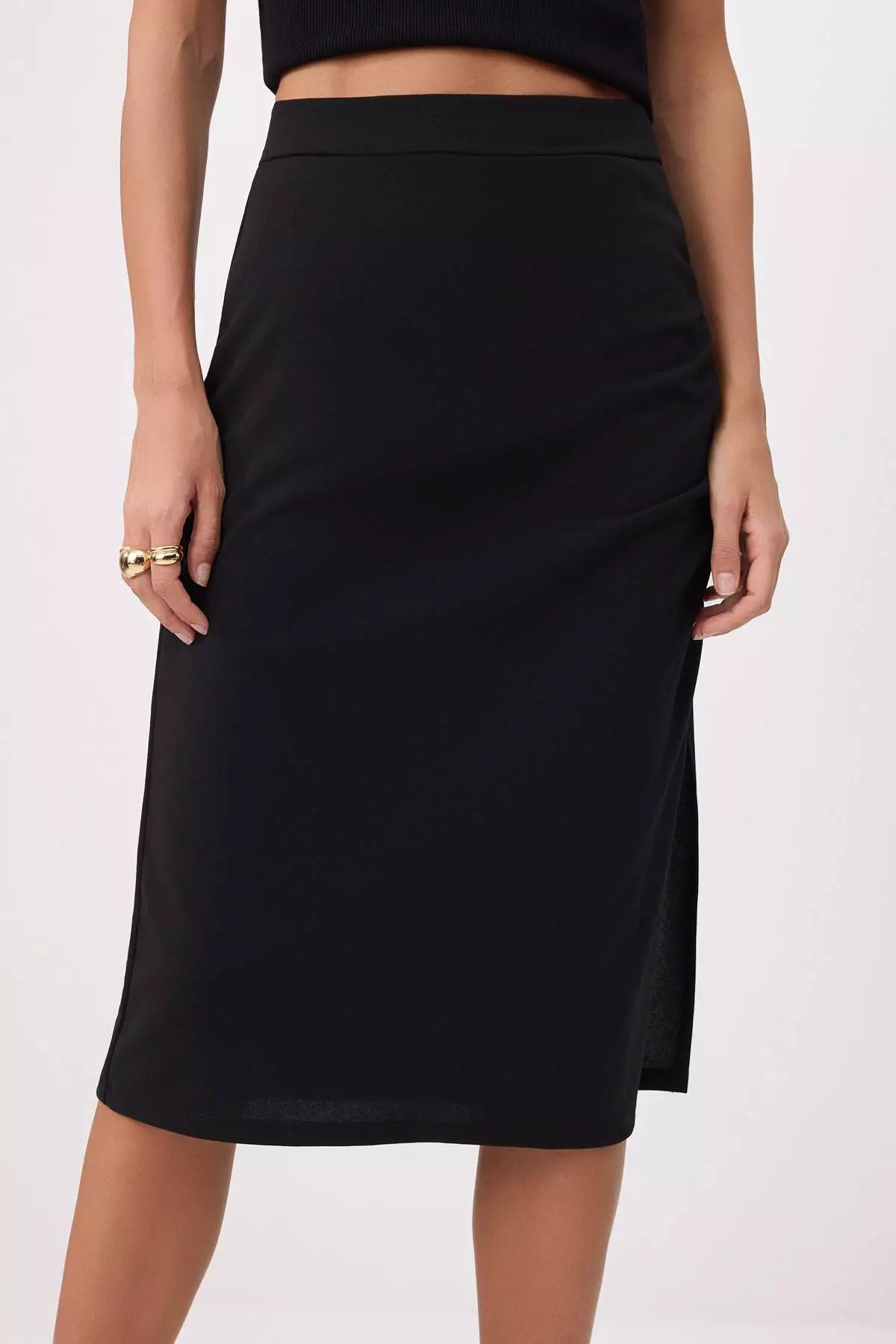 Black Straight Pencil Slit Normal Waist Midi Scuba Crepe Knitted Skirt Twoss26Et15