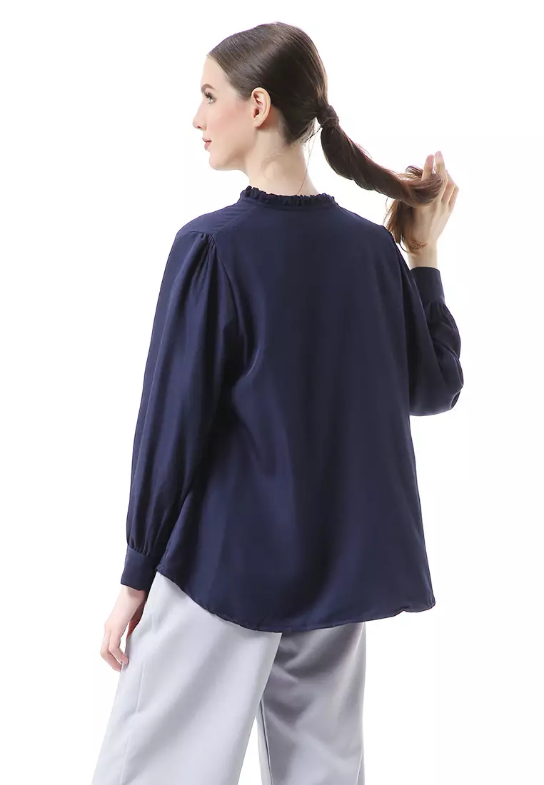 Vionka Kemeja Atasan Wanita Opnaisel Motif Polos - Navy