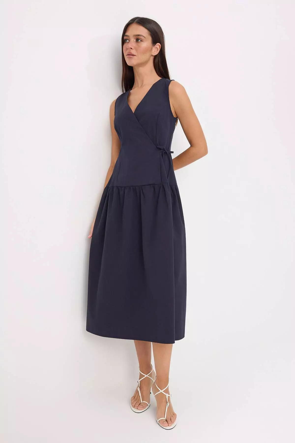 Navy Blue Double-Breasted Collar Poplin Midi Woven Dress Twoss26El00450