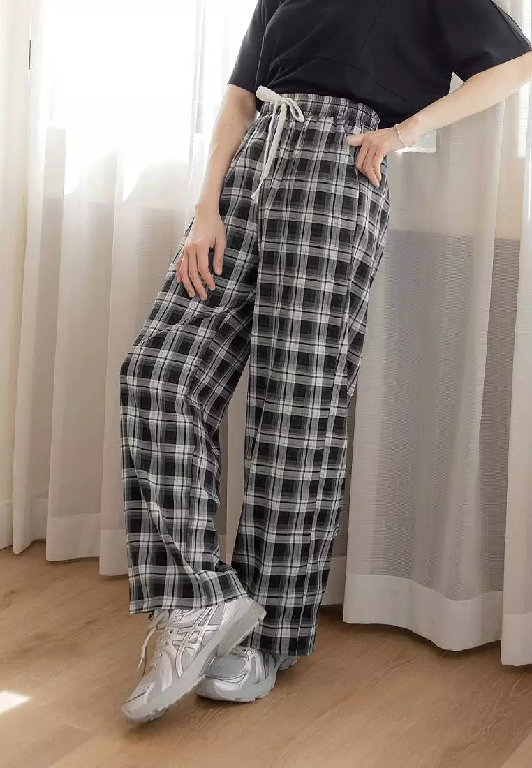 Plaid Elastic Waist Straight Wide-Leg Pants [BA7871]