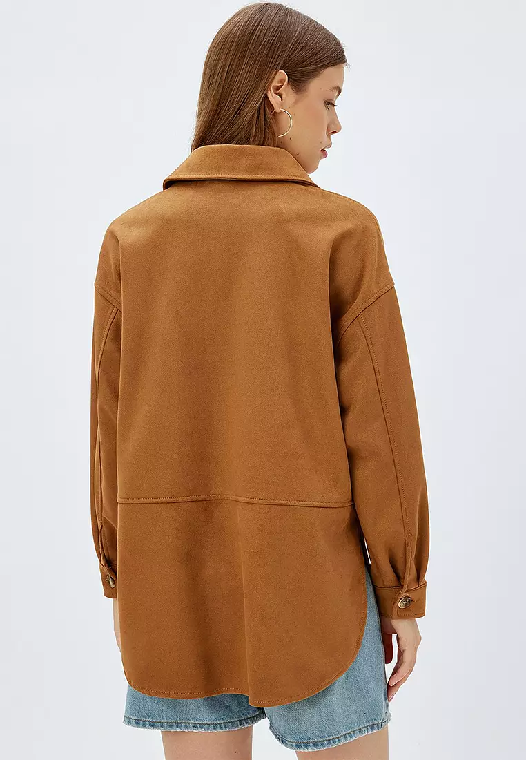 Long Sleeve Buttoned Faux Suede Shirt Jacket