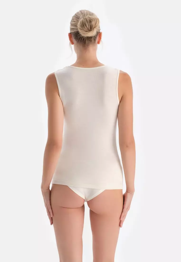 Ecru Basic Lace Tanktop, V-Neck, Regular Fit, Thick Strap Underwear for Women