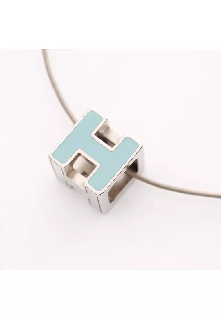Herm s Pre loved Herm s Cage Ash H cube necklace Silver Light blue