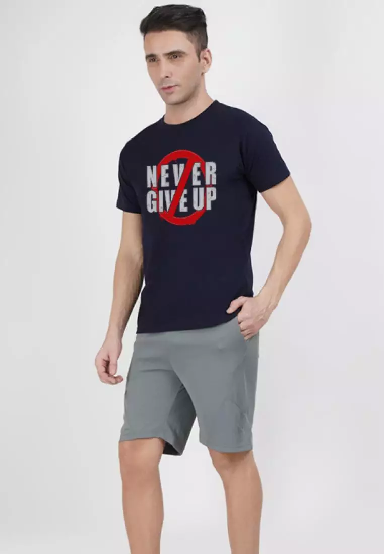 Never Give Up  Navy Blue Cotton Short Sleeve Regular Fit T-Shirt