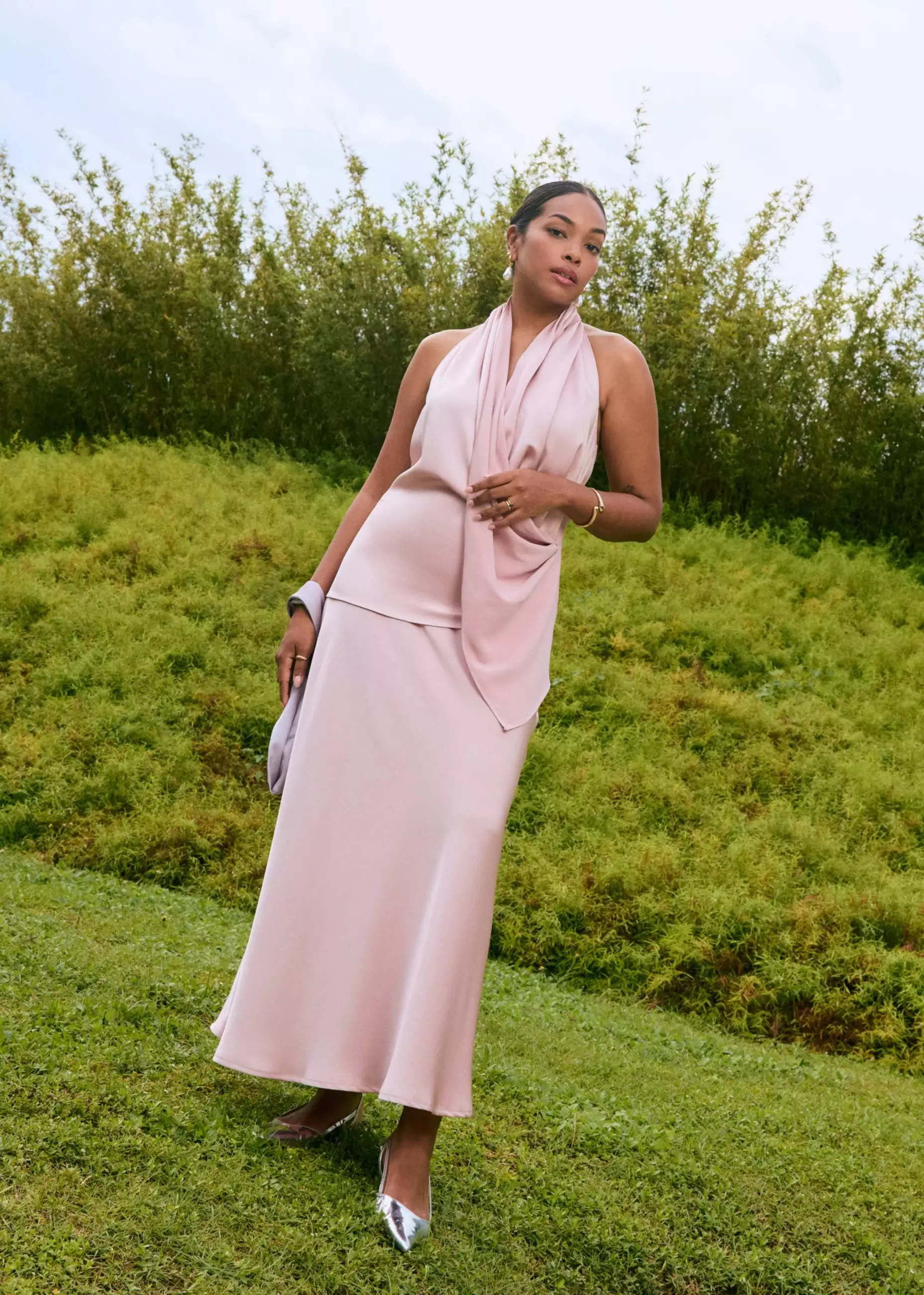 Atasan Wanita - Satin Cowl Neck Halter Fitted Top