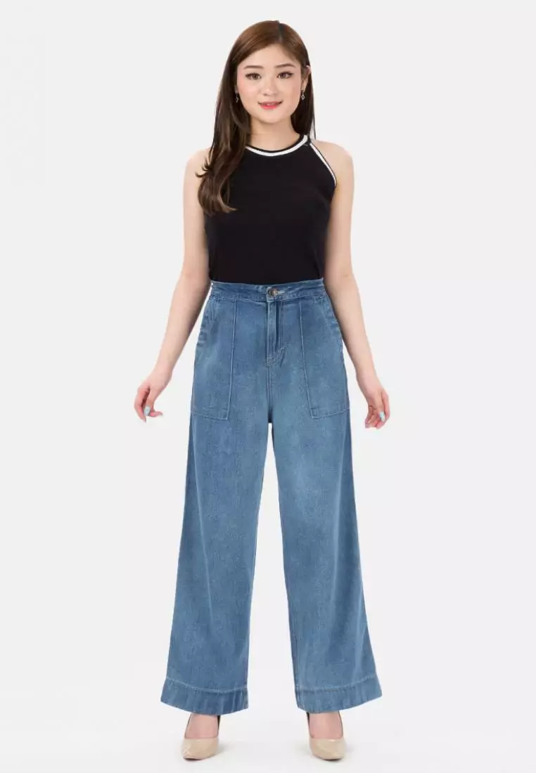 Elastic Waist Culotte Jeans in Blue