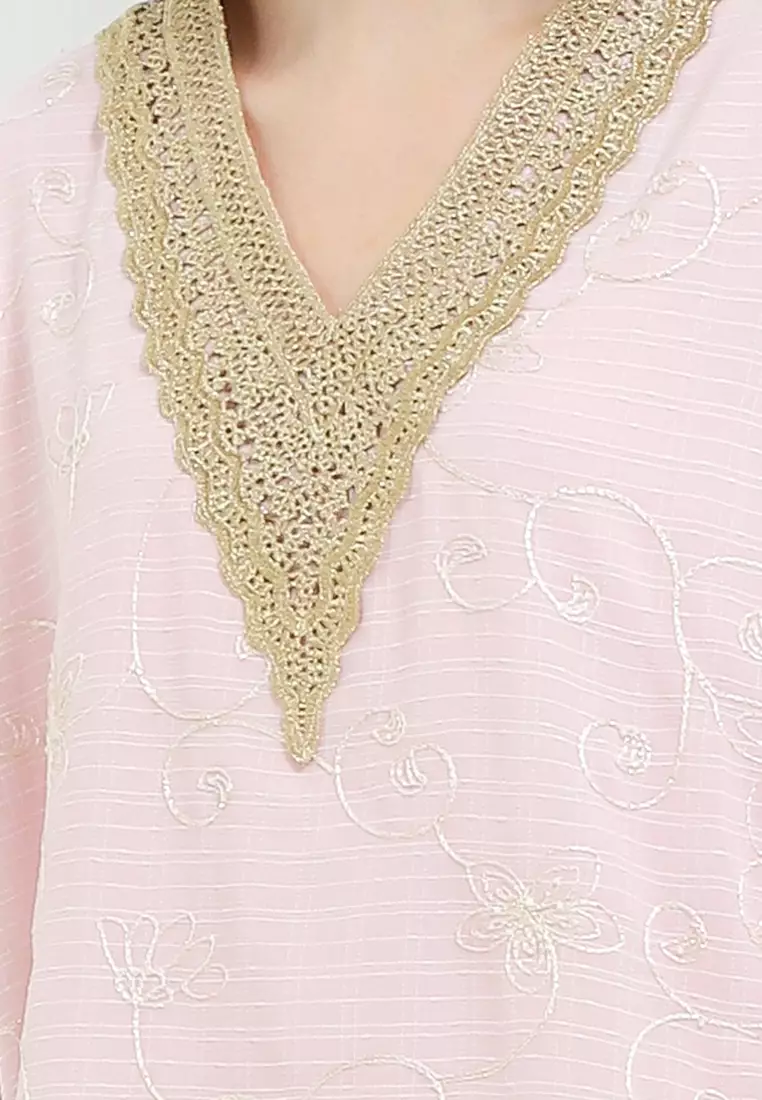 V Neck Crochet Lace Gold Emb Kaftan