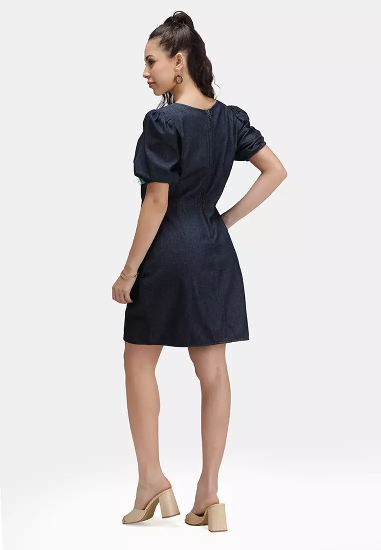 VIRGIO 100% Cotton Denim Pleated Mini Dress