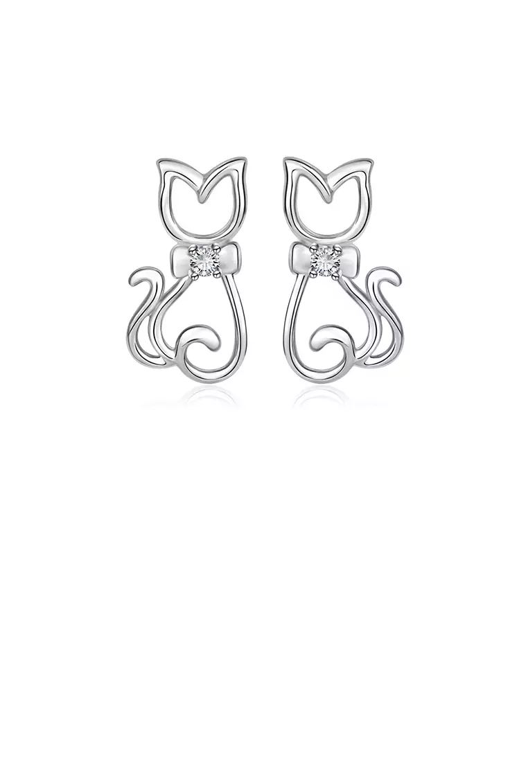 Buy Glamorousky 925 Sterling Silver Simple Cute Cat Stud Earrings