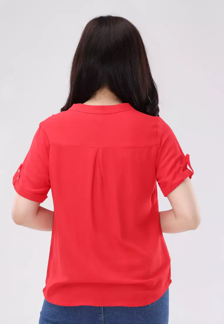 Bold Twill Short Sleeves Collared Blouse
