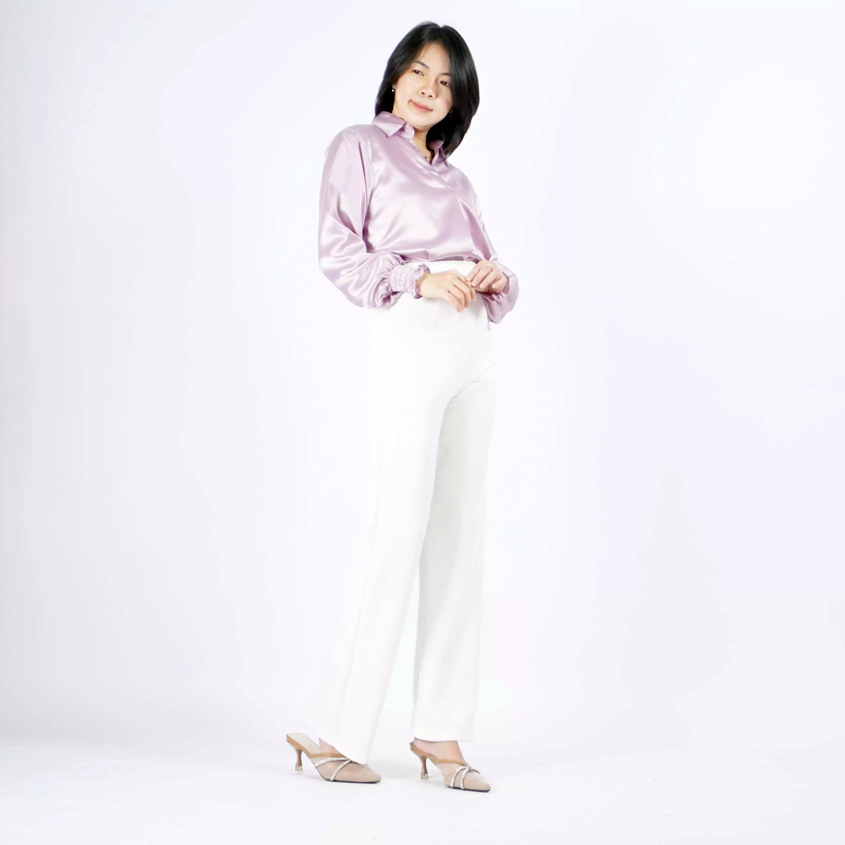  SAFIRE Top Satin Blouse Satin Gaya Korea Blus Elegan Krah V - Dusty Purple