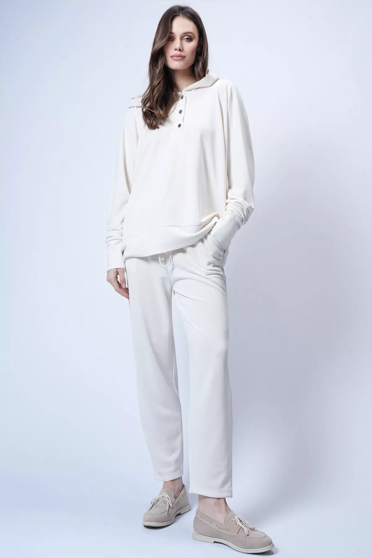 Women'S Ecru Hooded Snap Fasteners Oversized Sweatshirt And Pants Set Alc-X12476