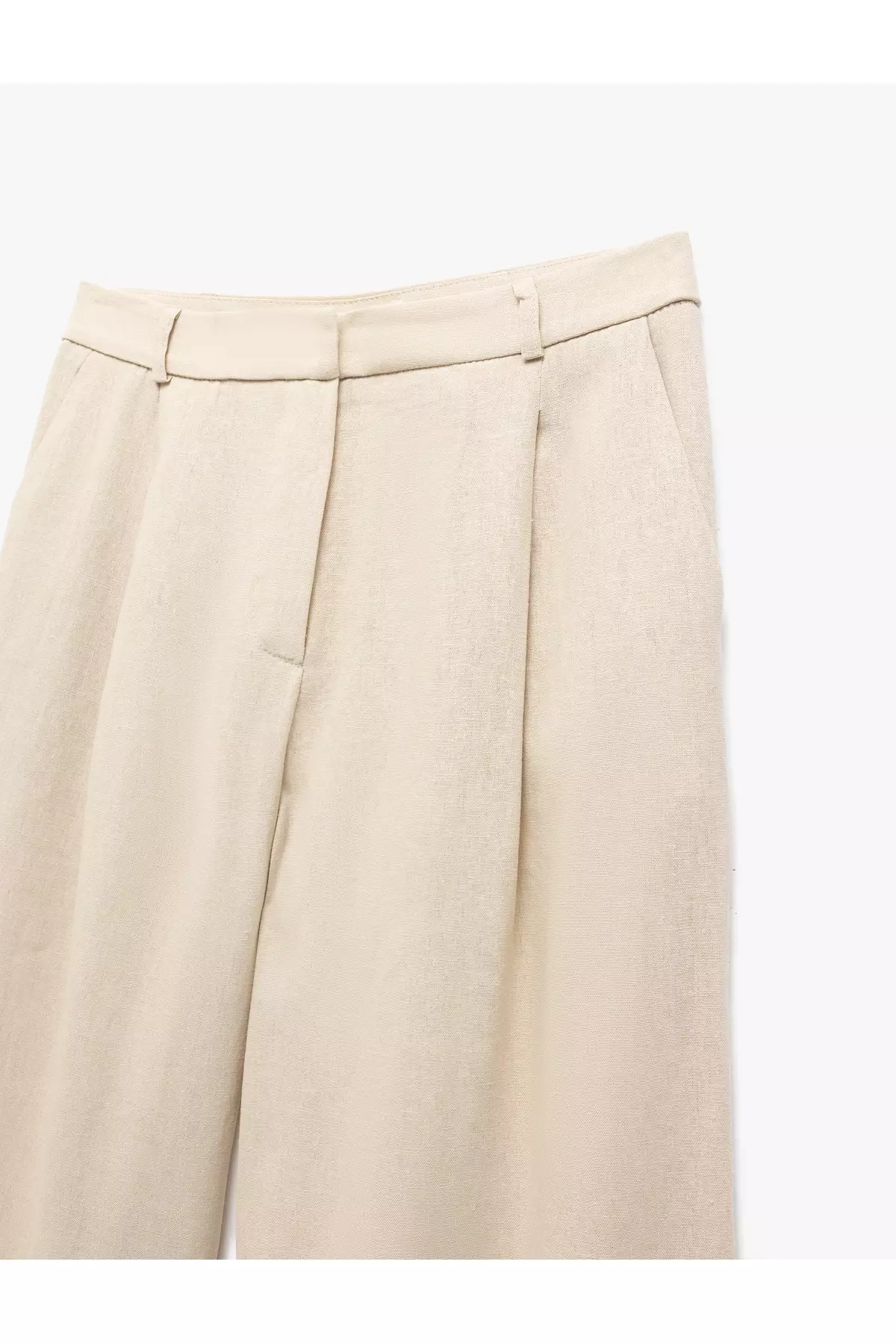 Linen Viscose Blended Wide Leg Trousers With Pockets And Pleats