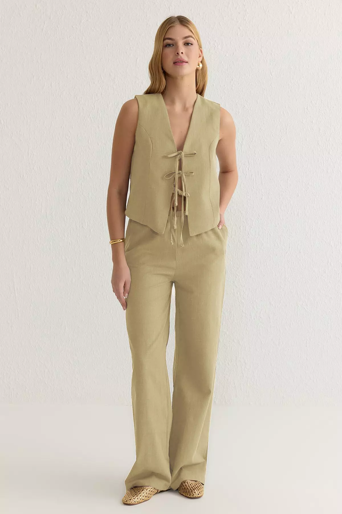 Yellow Bow Linen Look Blouse with Wide Leg Trousers Woven Double Bottom-Top Set TWOSS25AU00034