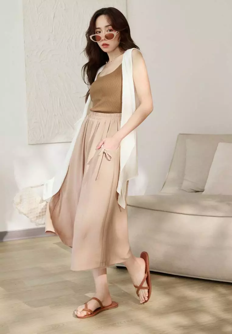 Breathable Textured Fabric Drawstring Elastic Waist Cropped Wide-Leg Pants [BA7876]