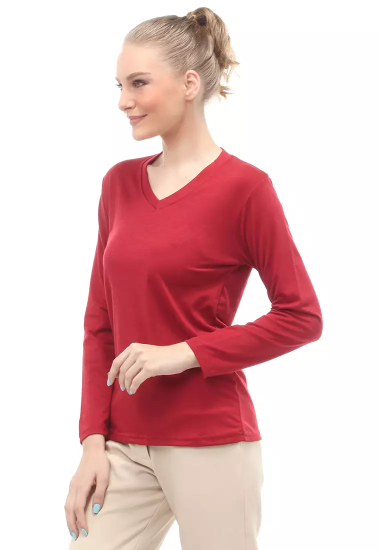 Kaos Polos Atasan Wanita V-Neck Lengan Panjang Design Simple Relaxed Fit - Maroon
