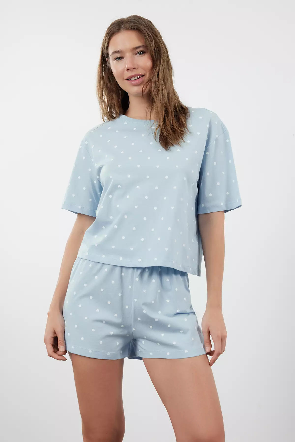 Blue 100% Cotton Polka Dot and Heart Shorts Knitted Pajama Set THMSS21PT1485