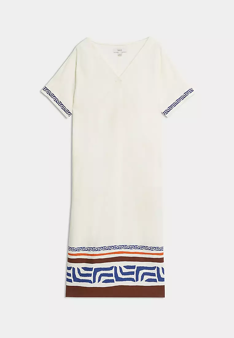 Linen Rich Printed V-Neck Midi Shift Dress