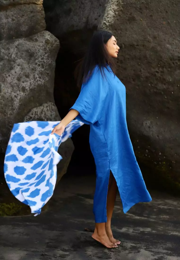 Sharjah Dress Kaftan Linen Wanita Biru | Linen Kaftan Dress Women Blue