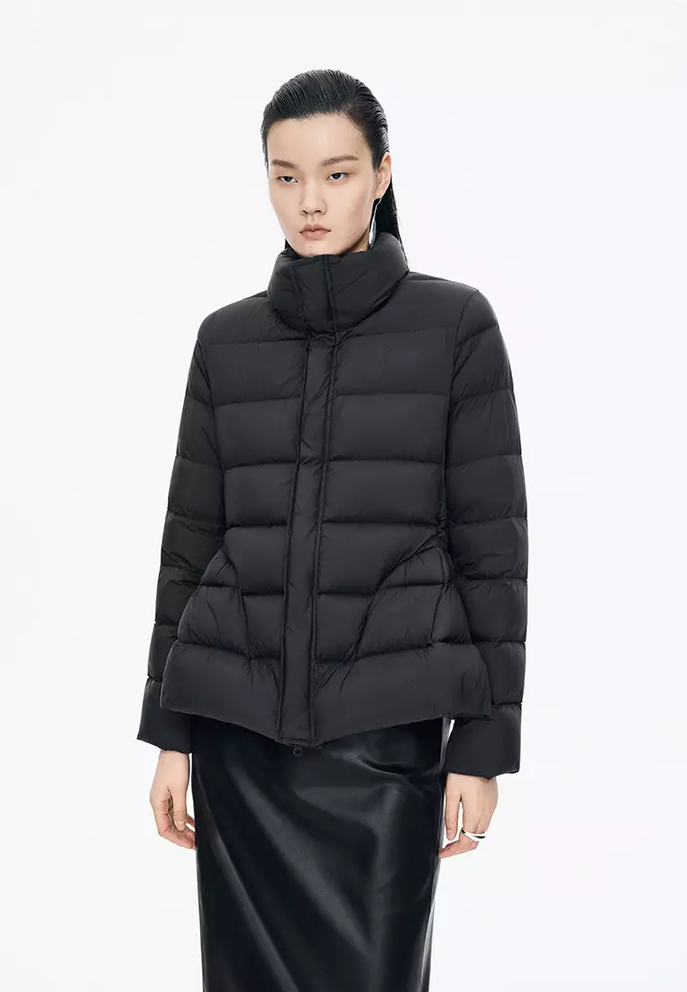 混紡90白鴨絨橫切線修身短款羽絨服