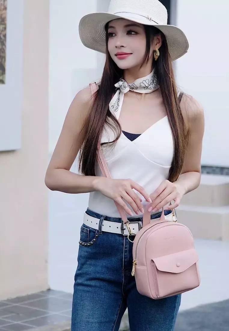 Women's 2-Way Backpack / Crossbody Bag / Sling Bag (Tas Ransel Wanita & Tas Punggung Wanita / Tas Selempang Wanita) - Merah Jambu