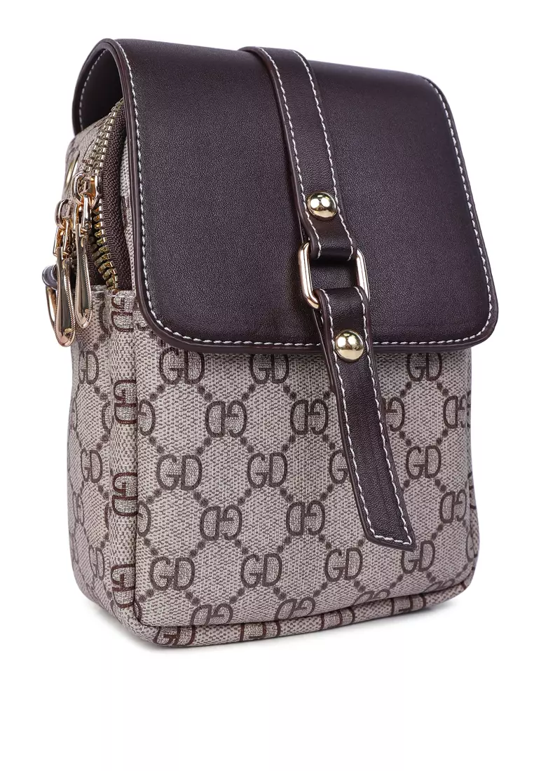 Sling Bag with Printed Strap-Brown