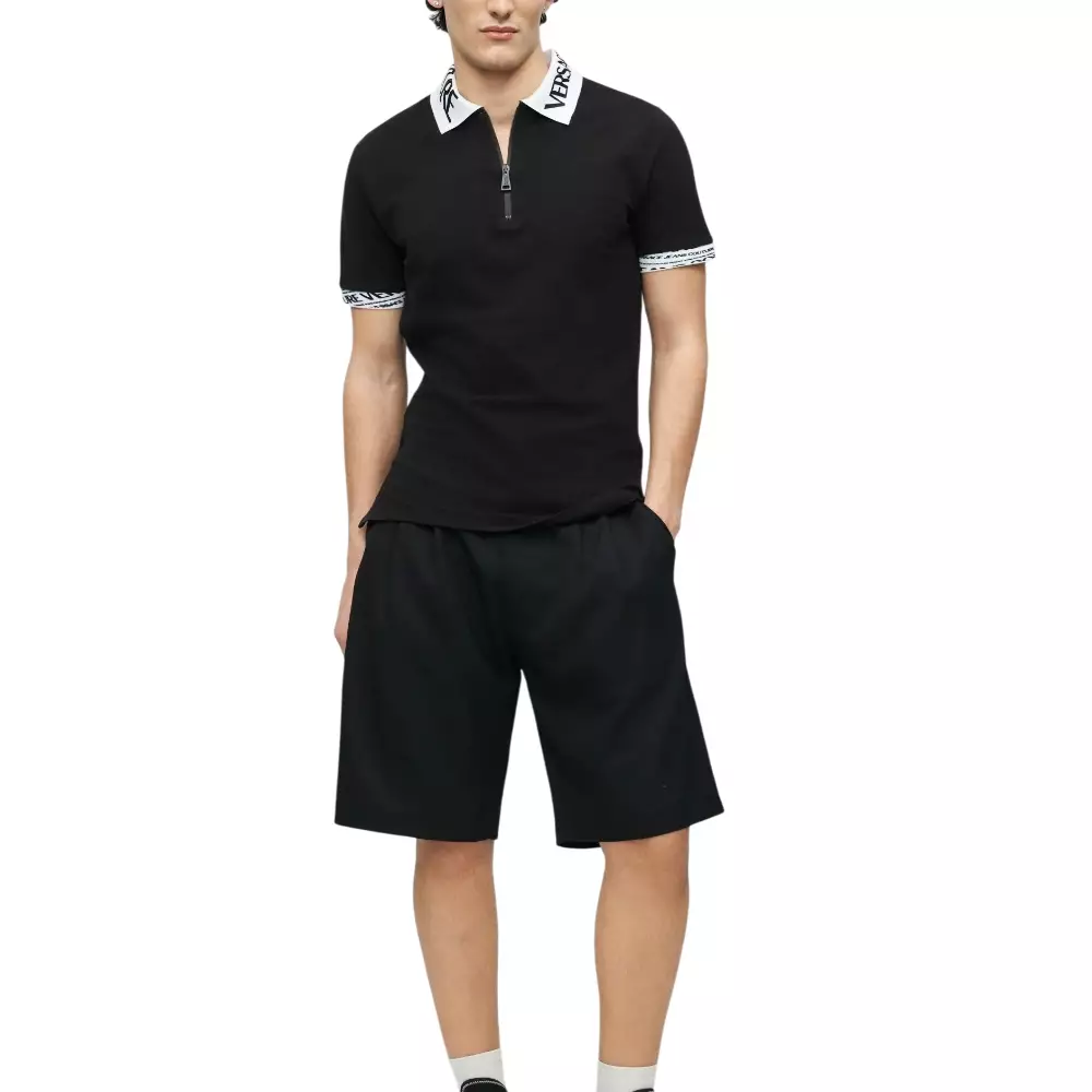 Collar Detail Logomania Print Polo Shirt Black