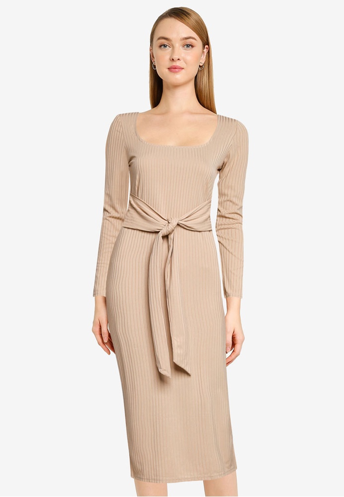 Buy Miss Selfridge Camel Rib Long Sleeved Midi Dress ...