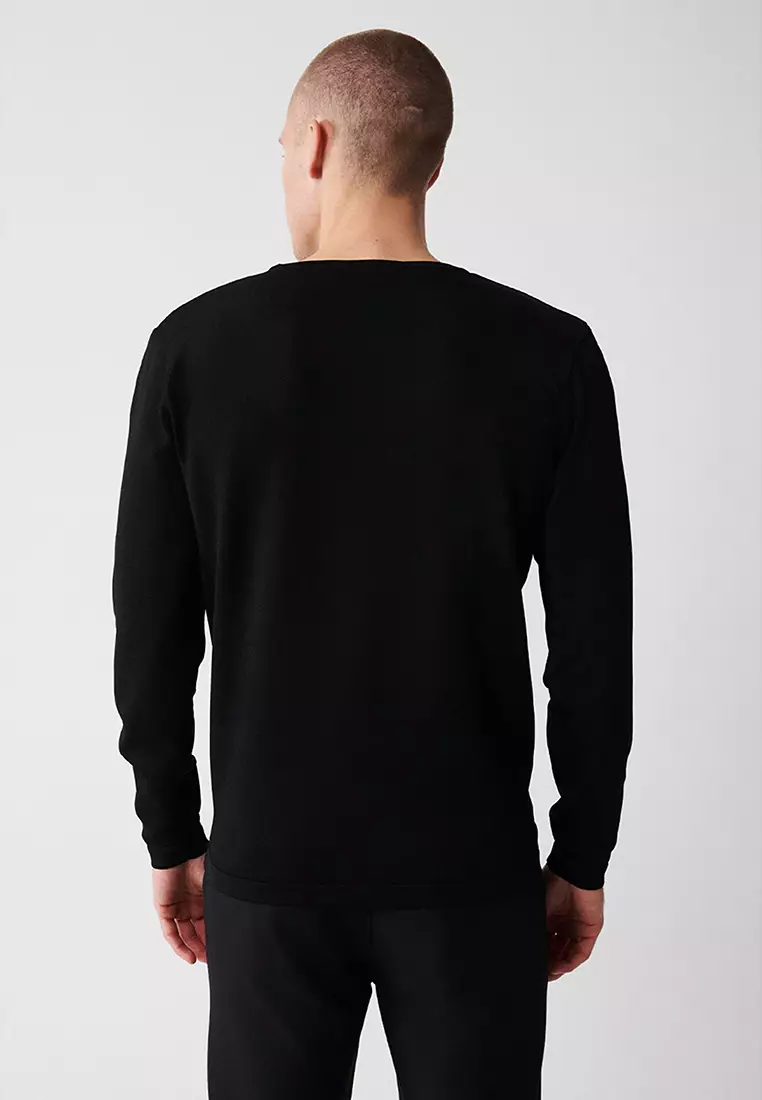 Men's Black Crew Neck Printed Rayon Knitwear Sweater A32Y5033