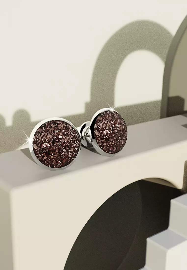 Amalgam White Gold Layered Pink Stone Stud Earrings 15mm