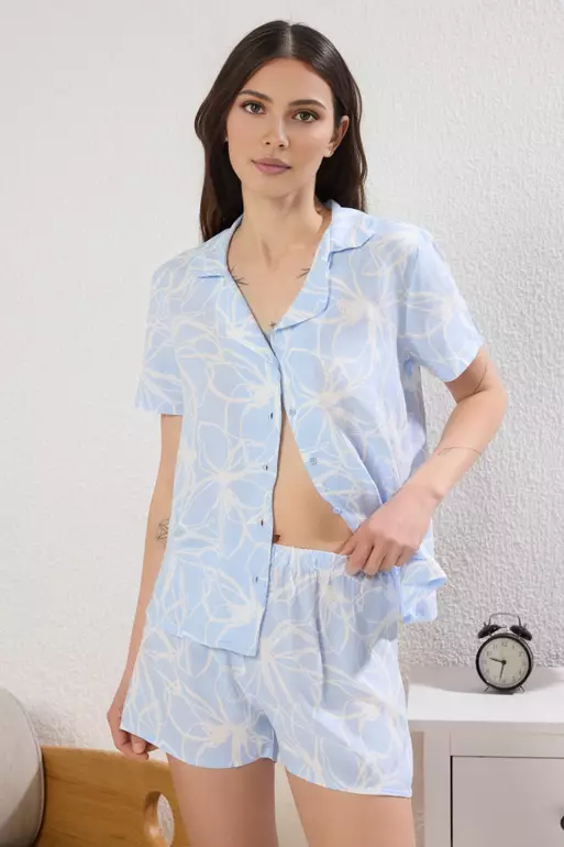 Blue Floral Shorts Woven Pajama Set