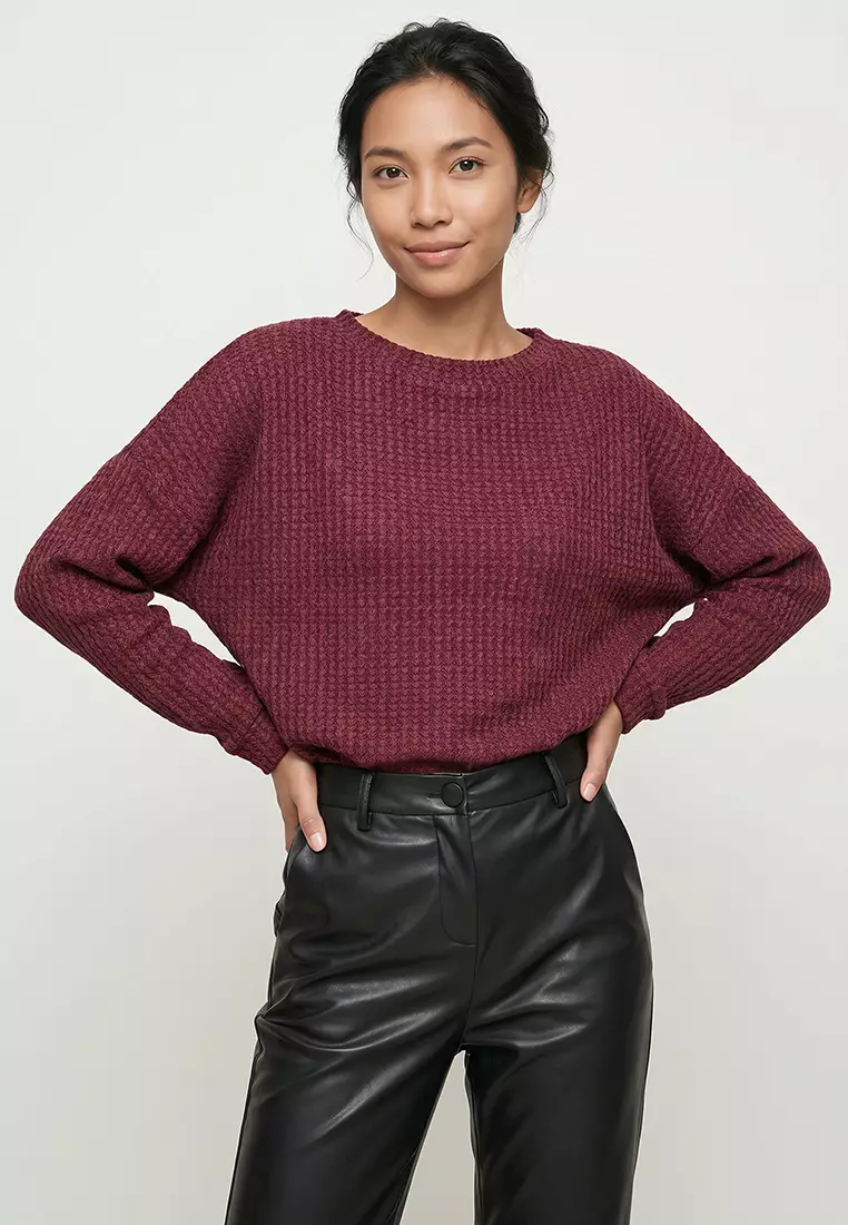 Women's Burgundy Degaje Collar Wide Cut Knitted Blouse