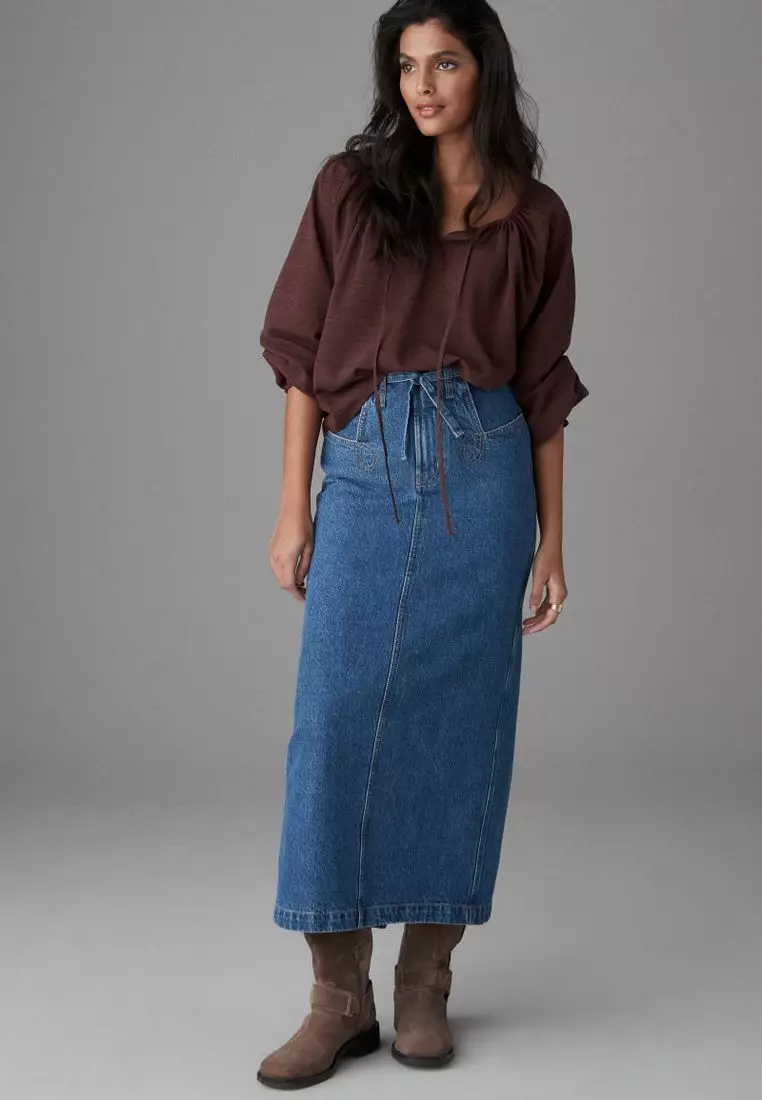100% Cotton Belted Pocket Stitch Midi Skirt