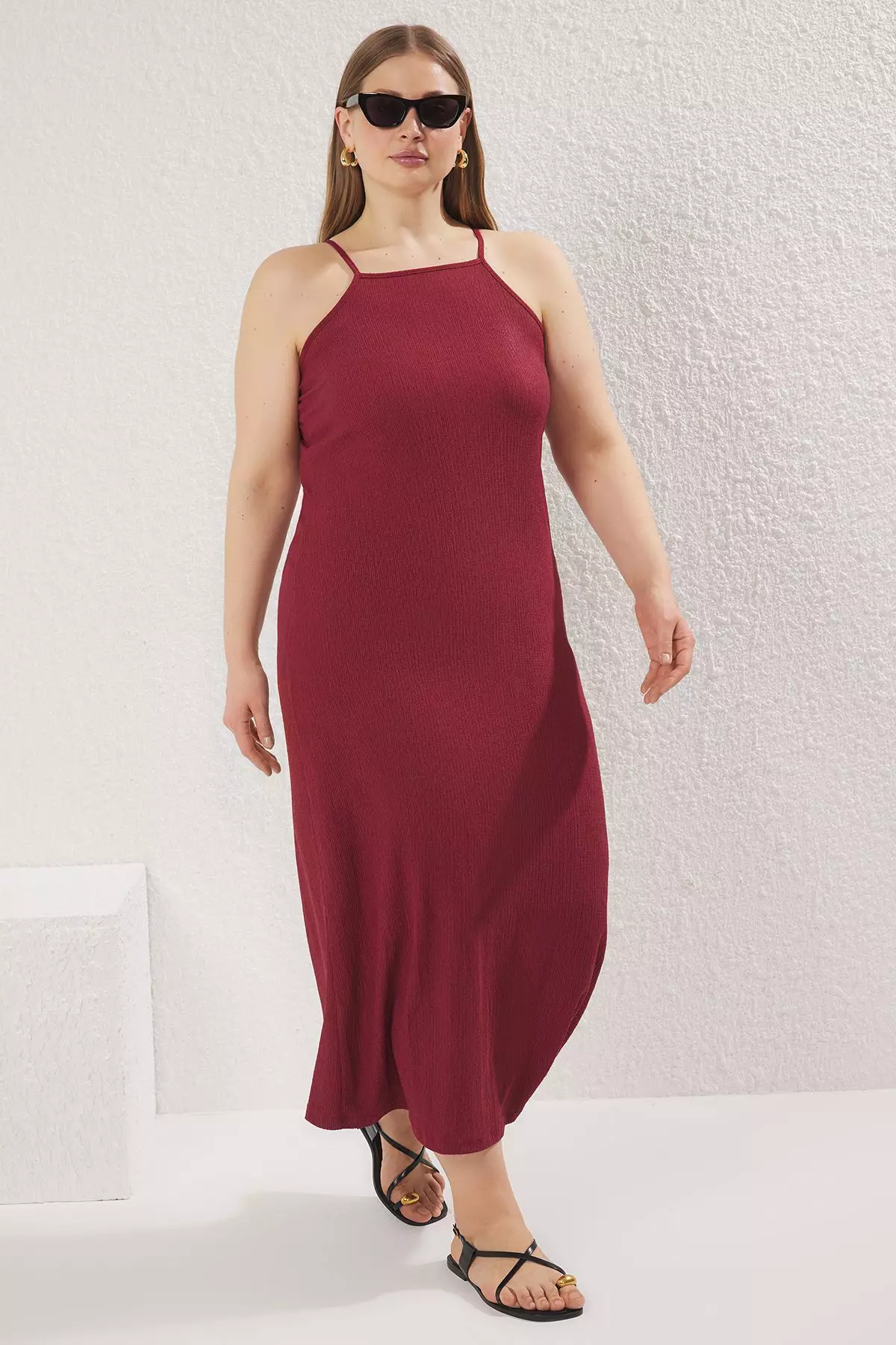 Halter Neck Crepe Textured Maxi Length Knitted Plus Size Dress