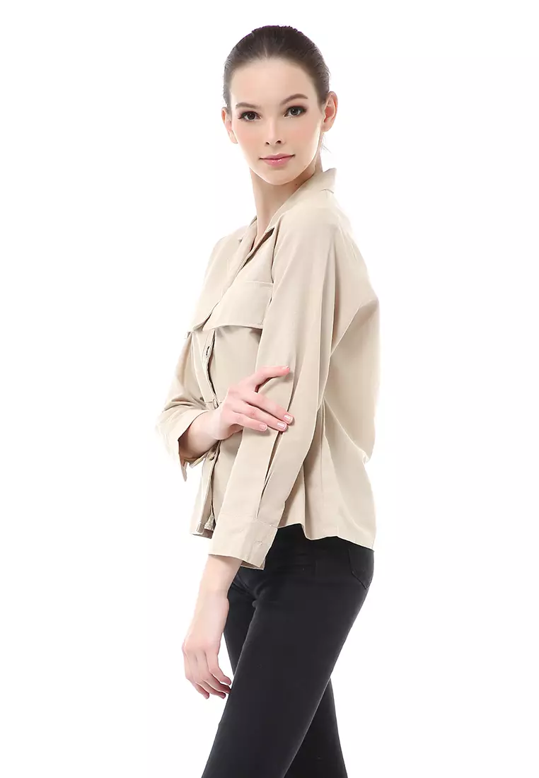 Brielle Atasan Wanita Kemeja Pocket Plain Motive Lengan Panjang Material Linen ORIGINAL - Cream