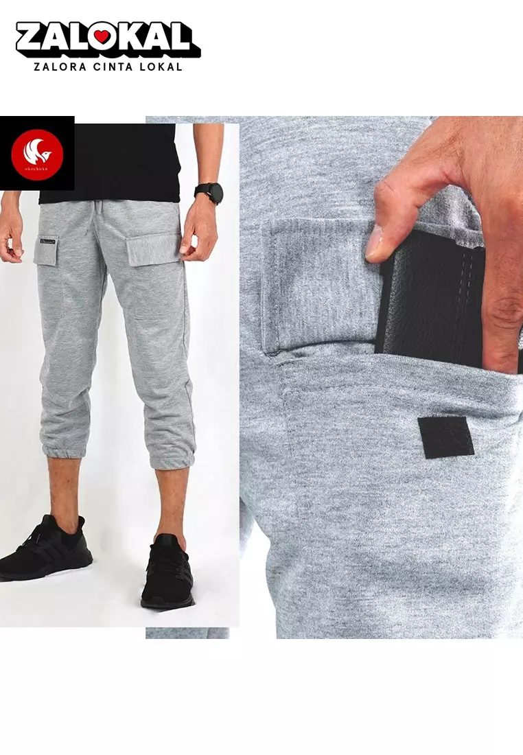 ILHAM Celana Pria Celana Ankle Pria Cargo Joger 3/4 Slimfit Jogger Pria Slim Fit - ABU MUDA