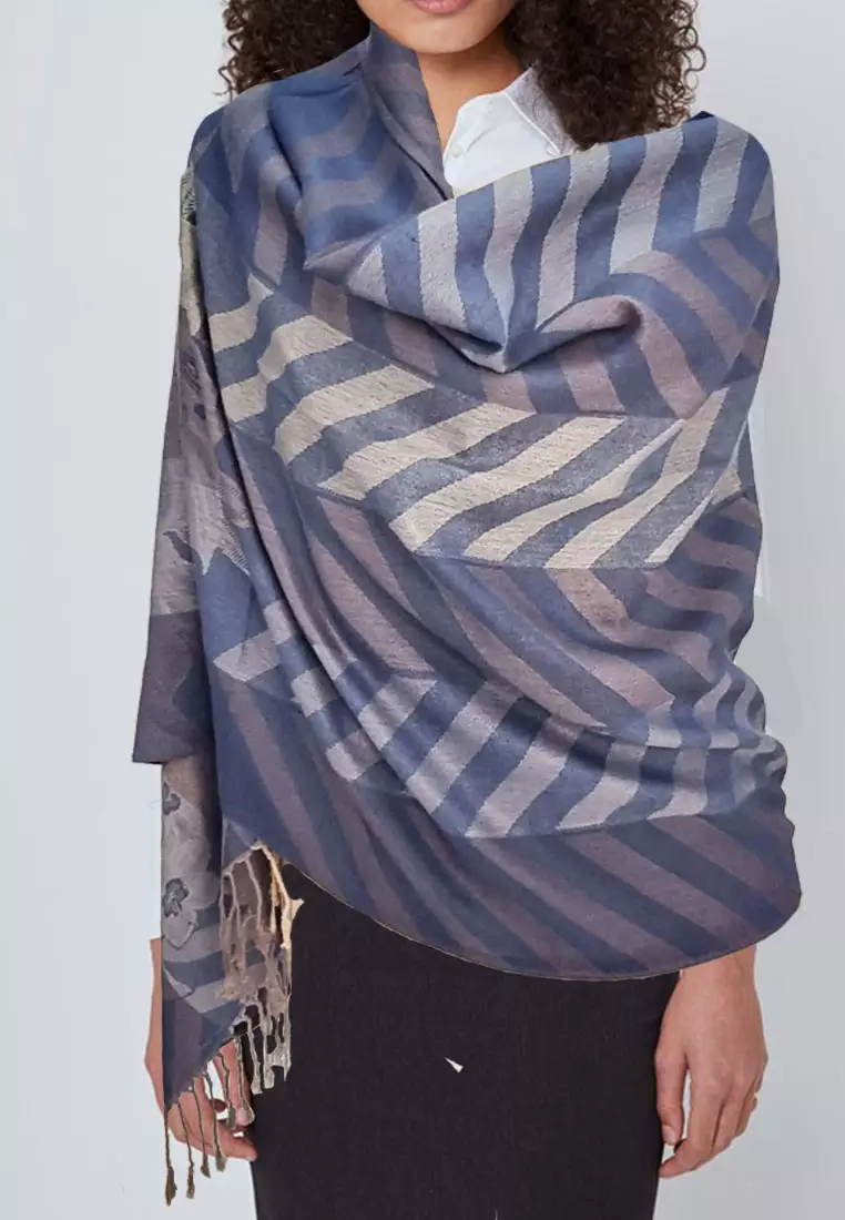 Aksesoris Wanita Viscose Zig Zag Flora Pattern Pashmina Shawl Syal Wanita Steel Blue