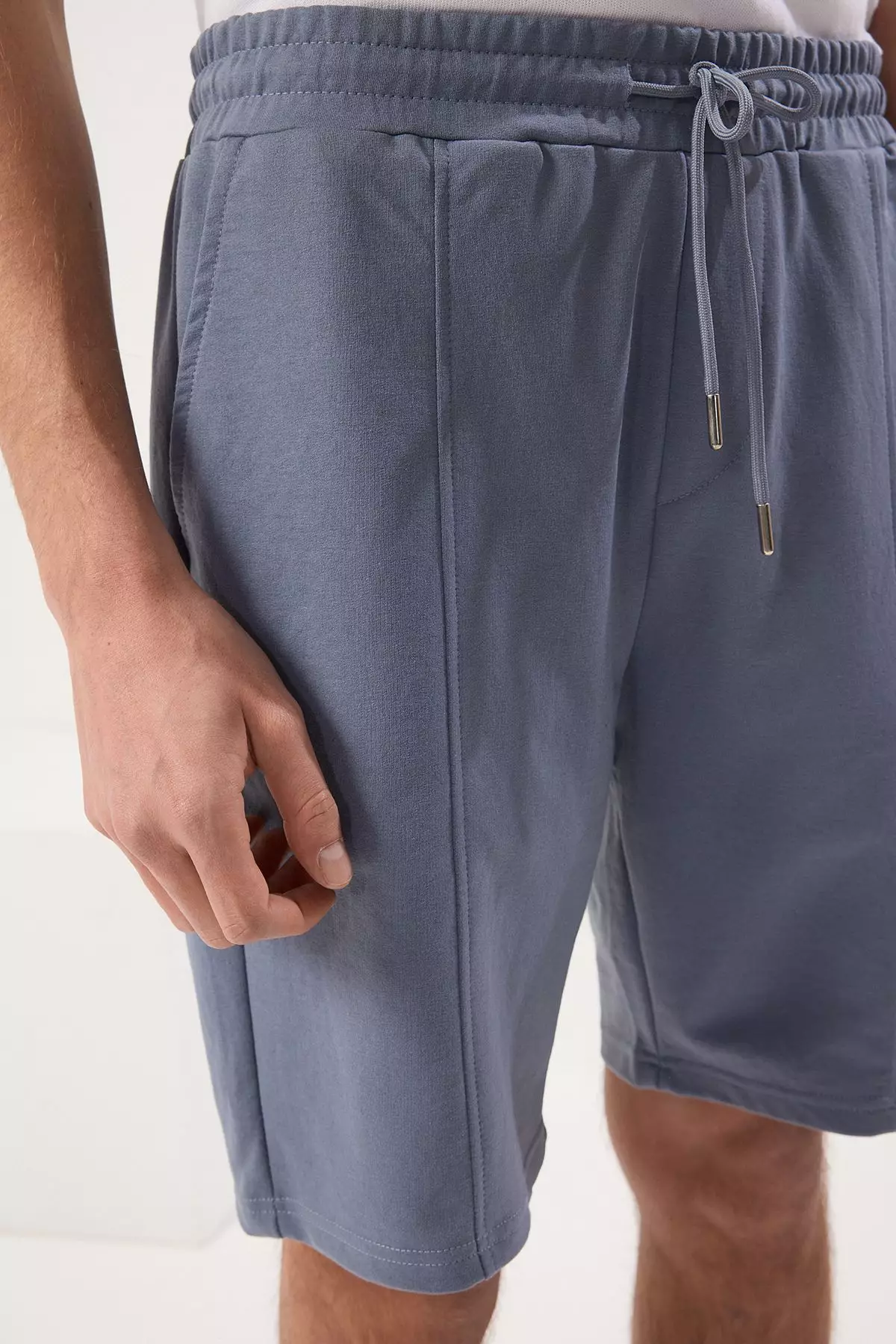 Blue Regular Cut Medium Elastic Waist Laced Stitching Detail Shorts  TMNSS20SR0070