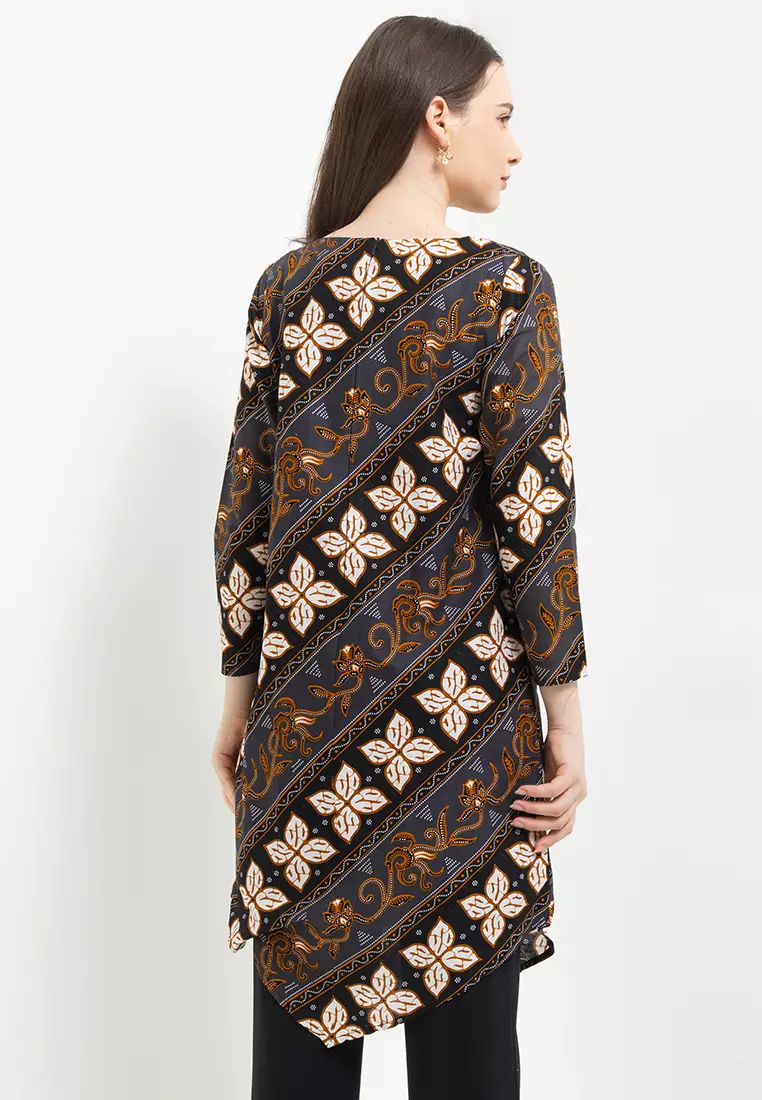 Tunik Muslim Atasan Wanita Batik Katun Premium Alinka Raya Lengan Panjang Black